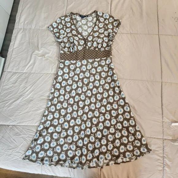 Boden Empire Waist Midi Dress Brown Blue Polka Dot Floral - Picture 2 of 11